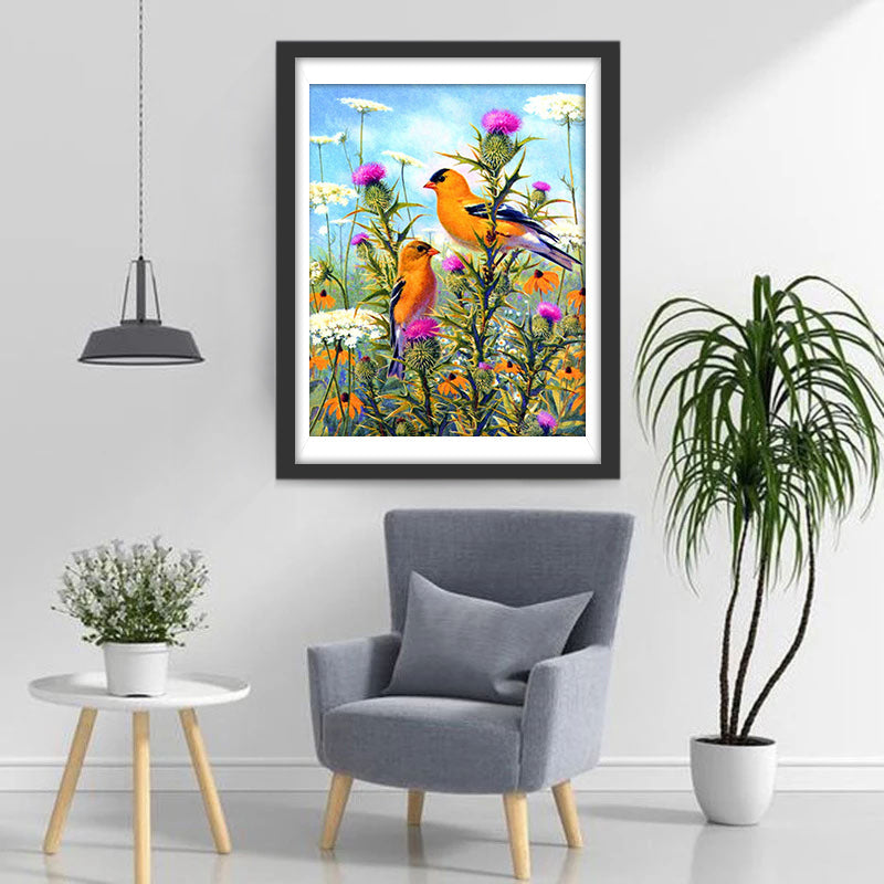 Oiseaux Oranges et Fleurs Variées Broderie Diamant