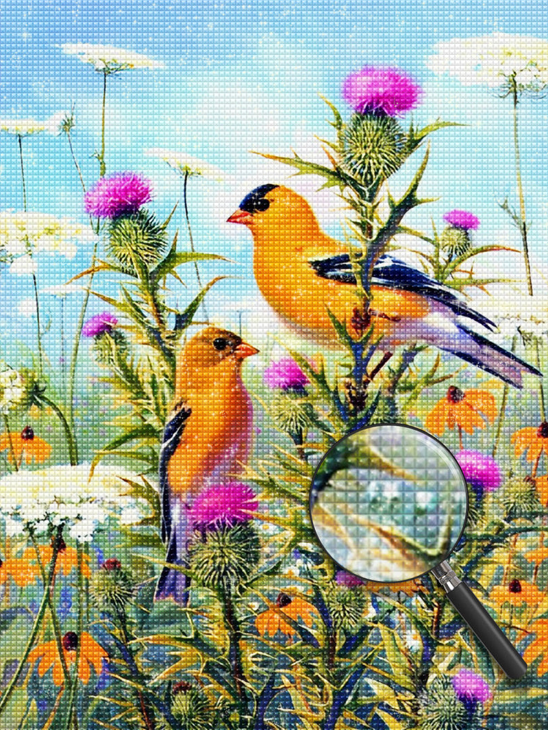 Oiseaux Oranges et Fleurs Variées Broderie Diamant