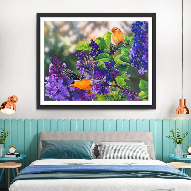 Oiseaux Oranges et Fleurs Violettes Broderie Diamant