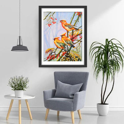Oiseaux Oranges et Fruits Rouges Broderie Diamant