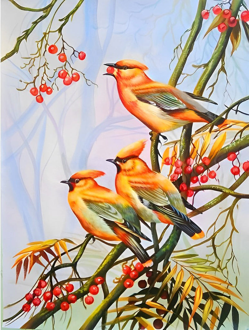 Oiseaux Oranges et Fruits Rouges Broderie Diamant