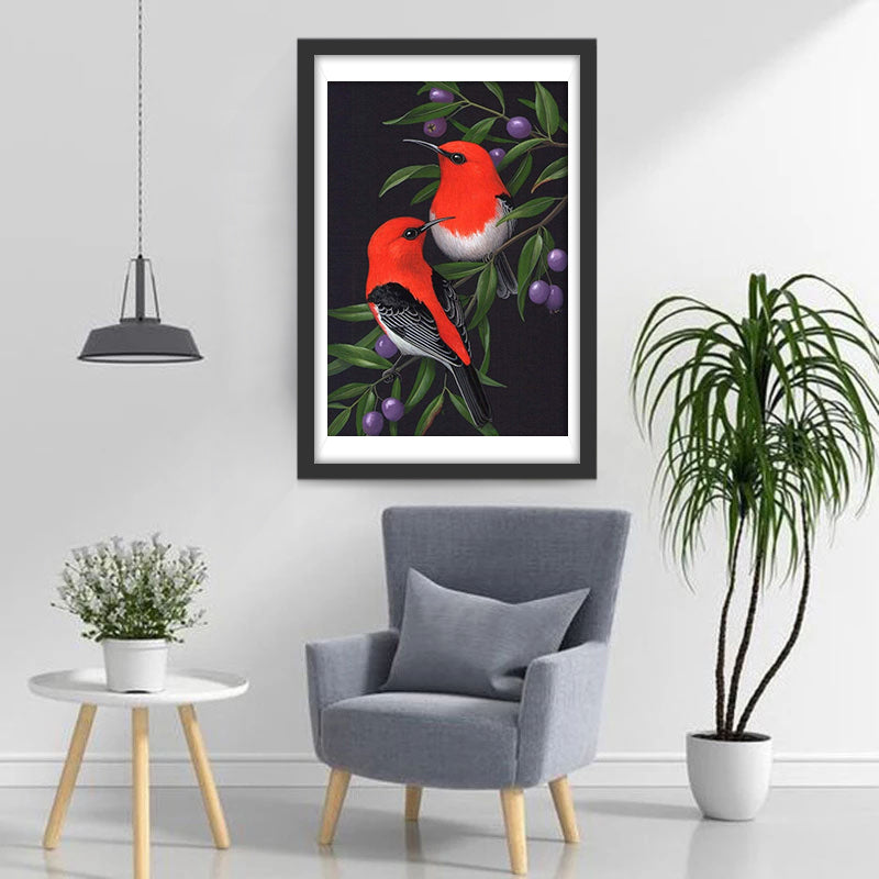 Oiseaux Rouges et Noirs avec des Fruits Violets Broderie Diamant