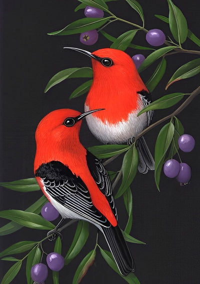 Oiseaux Rouges et Noirs avec des Fruits Violets Broderie Diamant