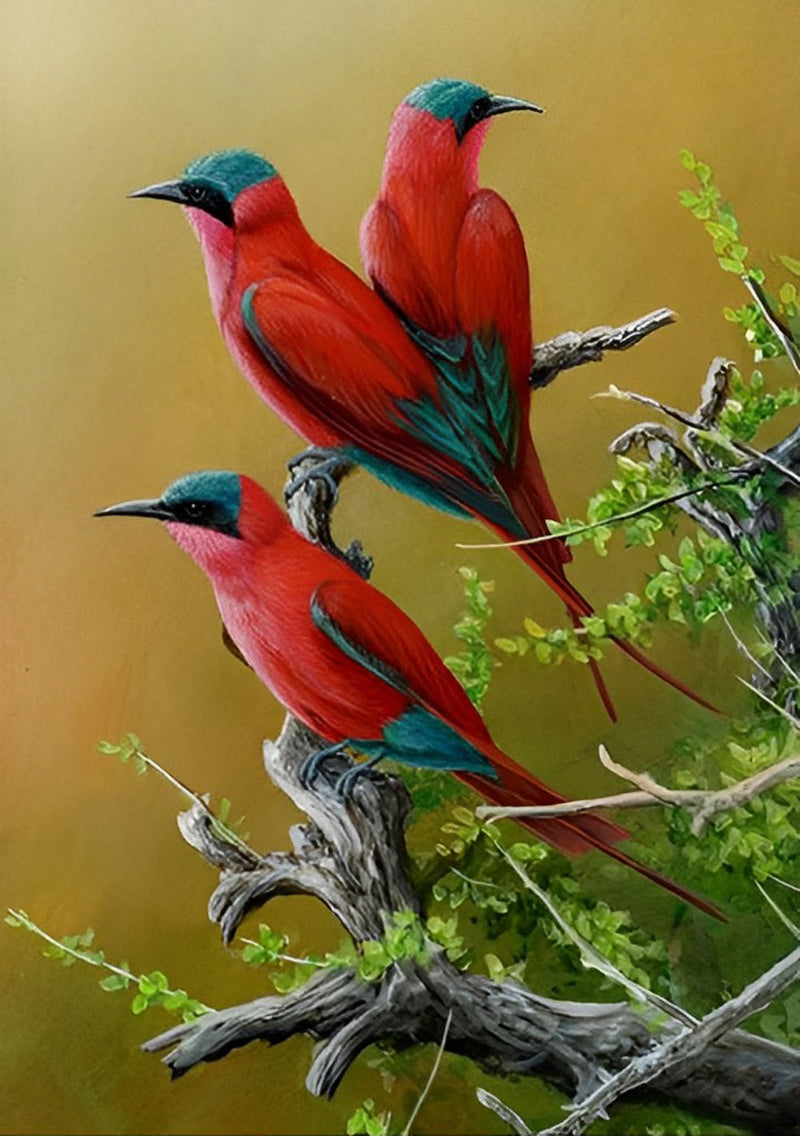 Oiseaux Rouges et Verts Broderie Diamant