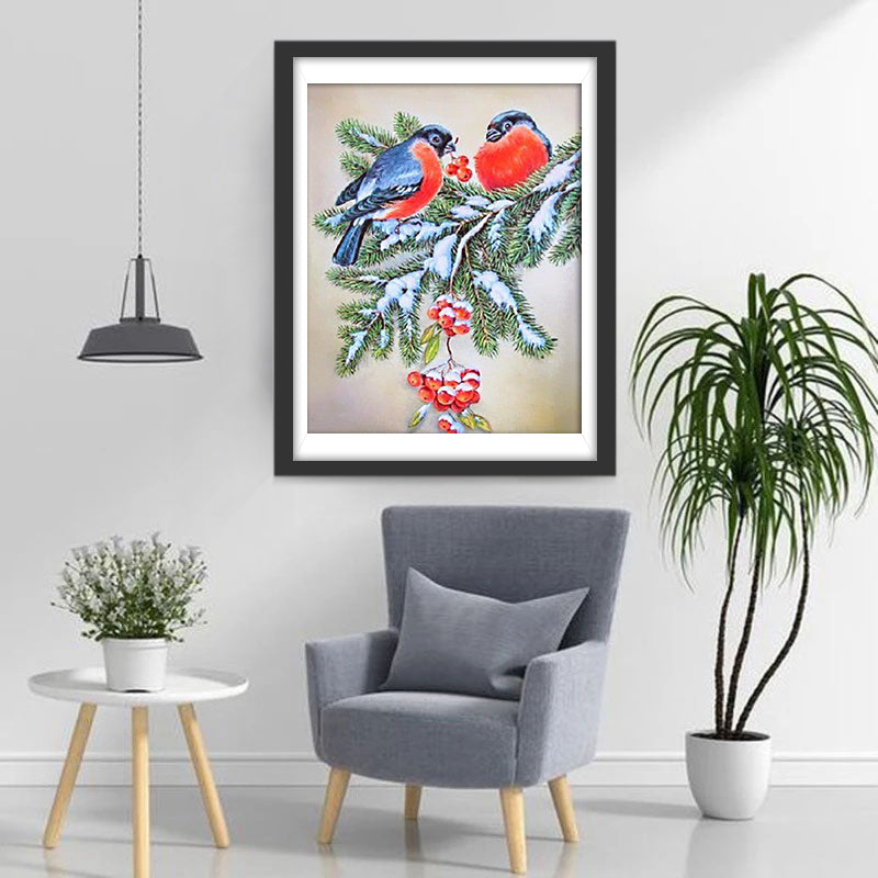 Oiseaux Tenant Fruits Rouges Broderie Diamant