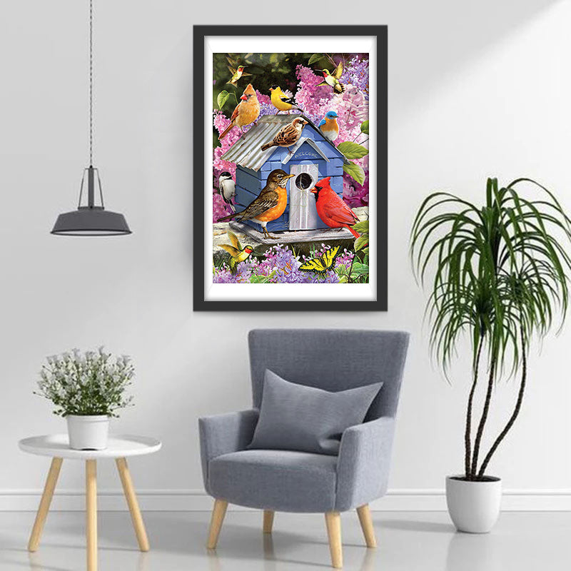 Oiseaux Variés et la Maison Bleue Broderie Diamant