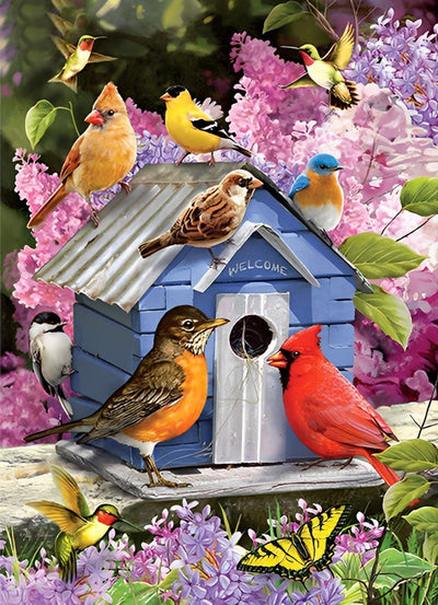Oiseaux Variés et la Maison Bleue Broderie Diamant