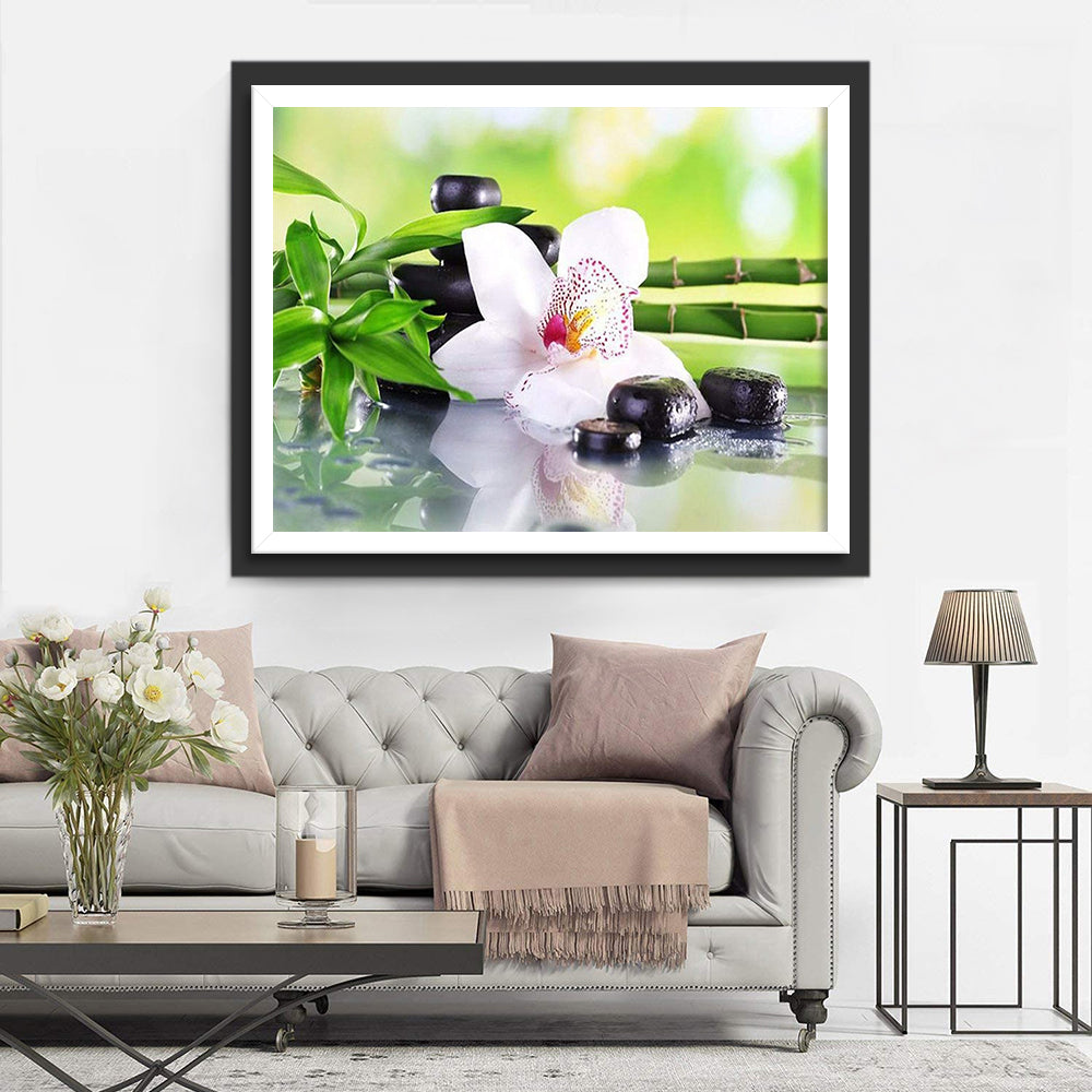 Orchidée Blanche et Plantes Vertes Broderie Diamant