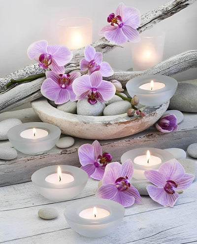 Orchidée Violettes et Bougies Parfumées Broderie Diamant