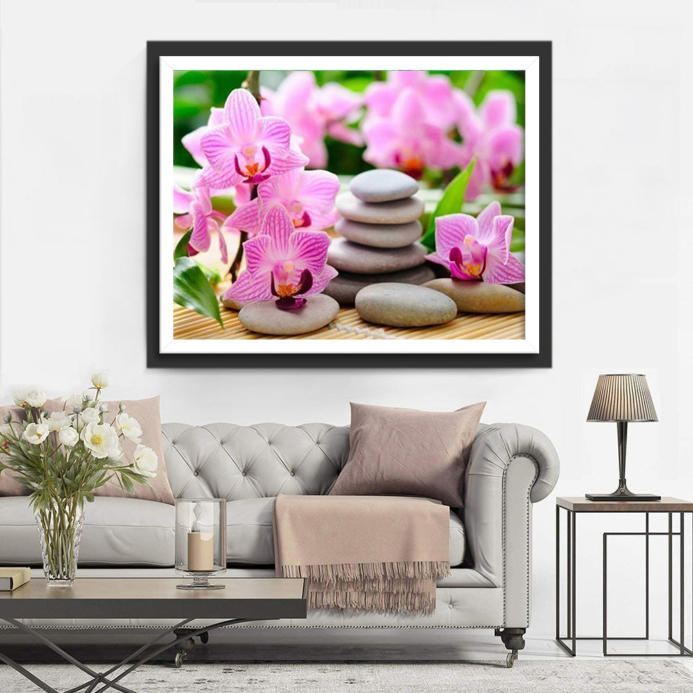 Orchidées Roses et Pierre Broderie Diamant