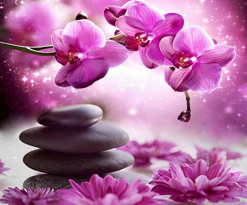 Orchidées Roses et Pierres Broderie Diamant