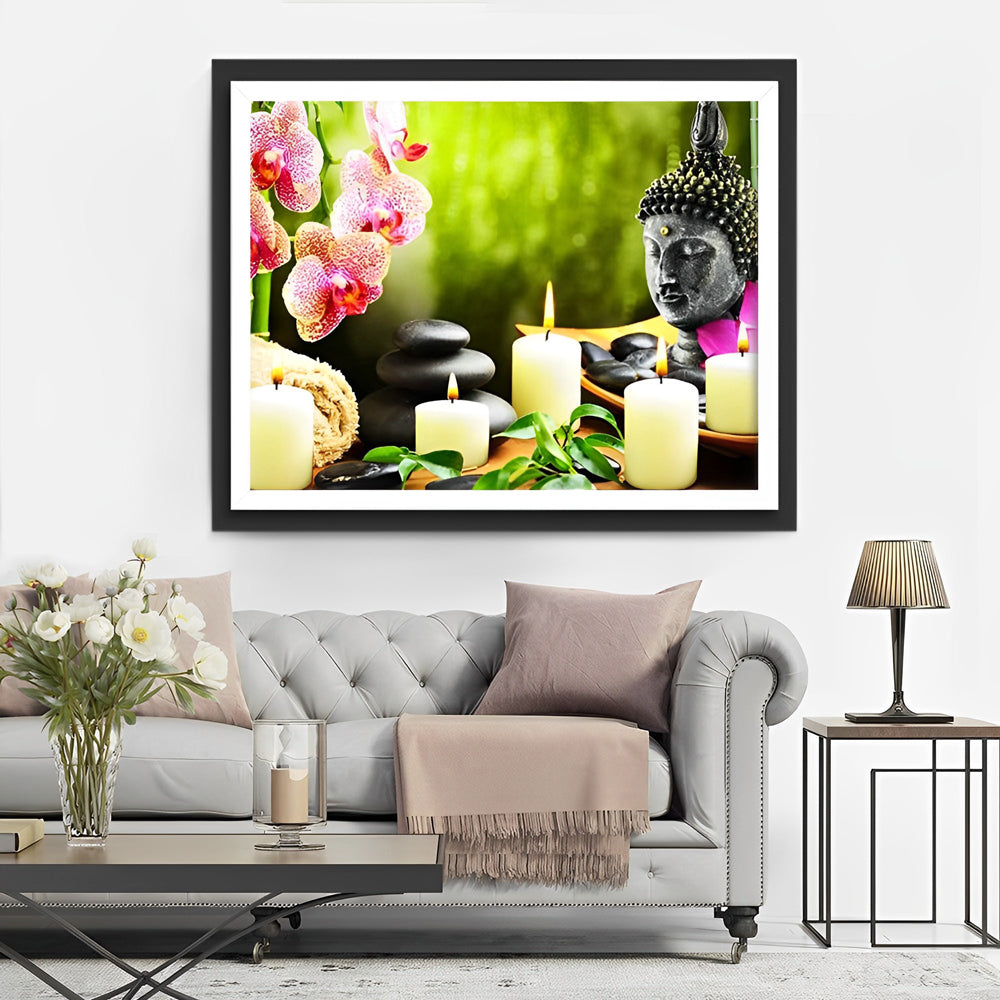 Orchidées Roses et Statue Bouddhiste Broderie Diamant