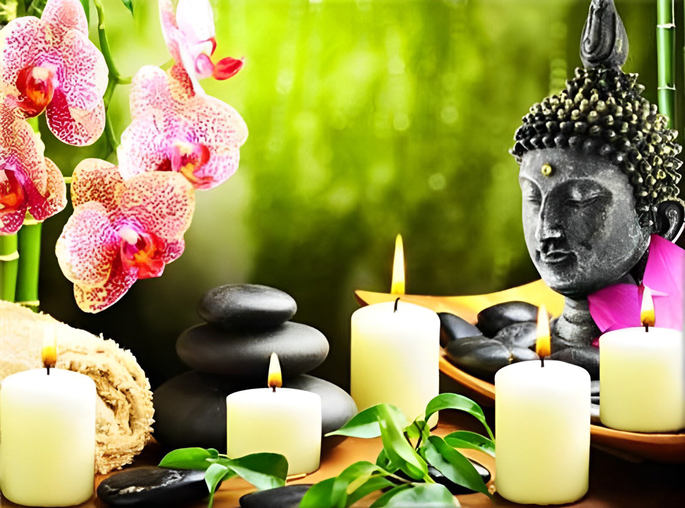 Orchidées Roses et Statue Bouddhiste Broderie Diamant