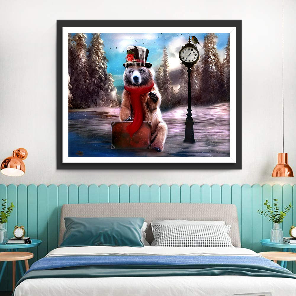 Ours Brun Attendant la Voiture Broderie Diamant