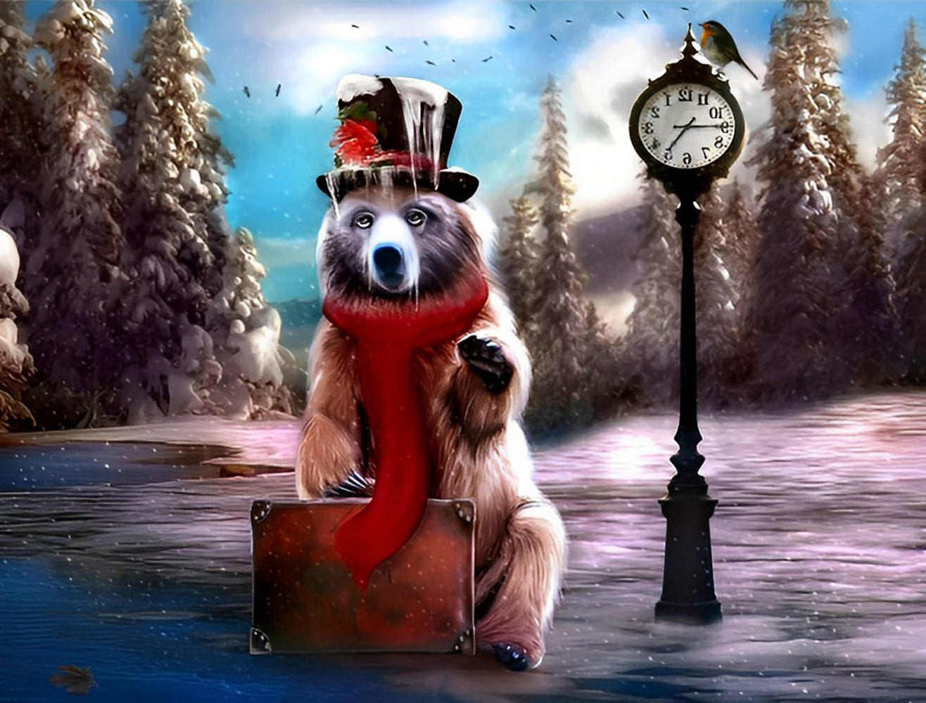 Ours Brun Attendant la Voiture Broderie Diamant