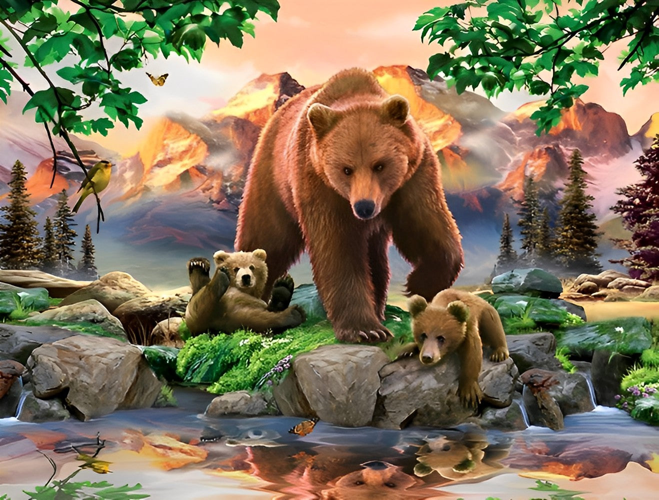 Ours Brun et Ses Bébés au Bord du Ruisseau Broderie Diamant