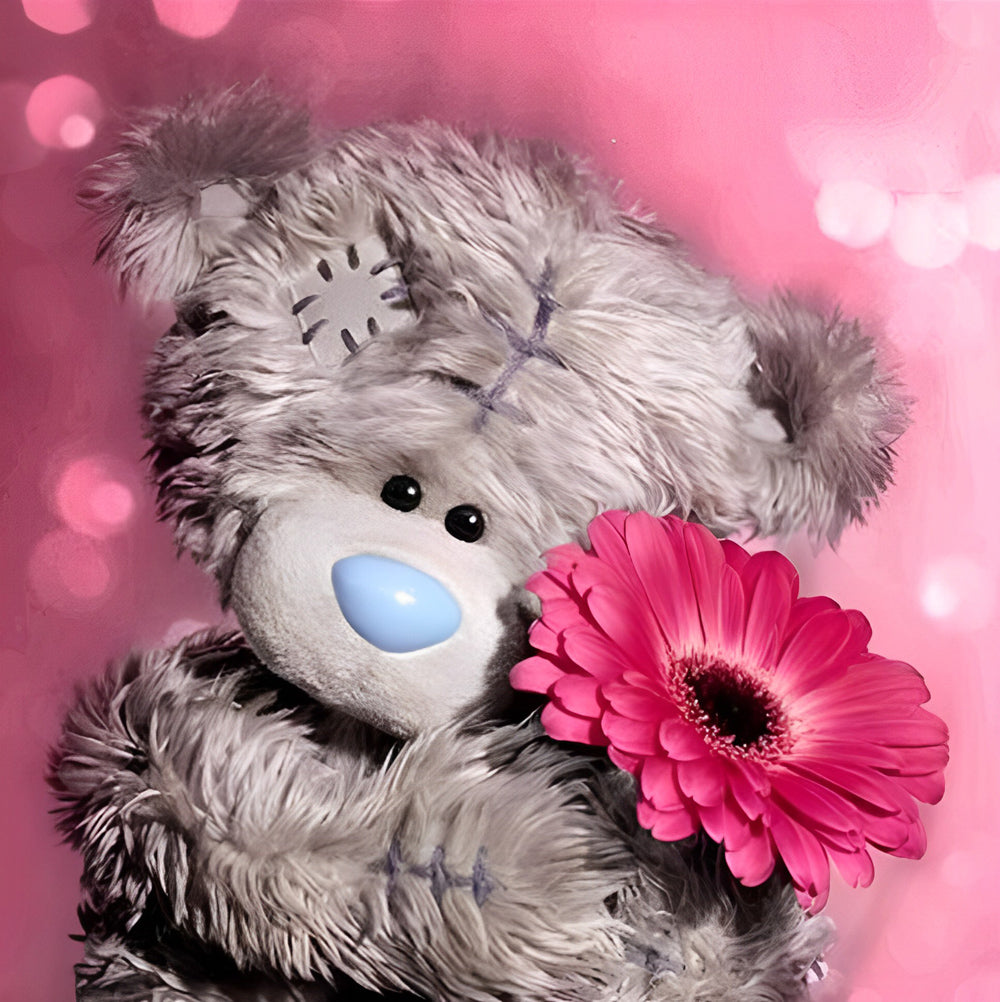 Ours Tenant des Marguerites Roses Broderie Diamant