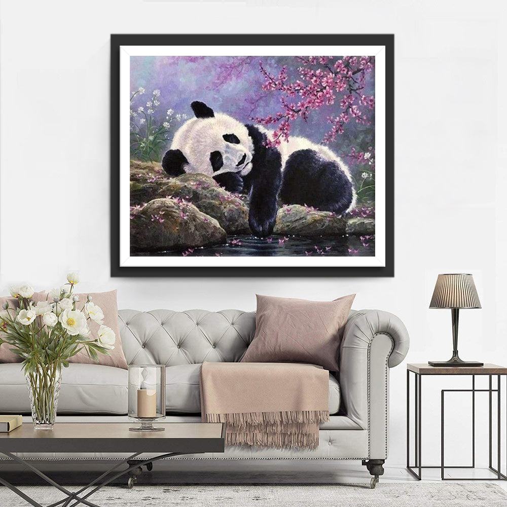 Panda Dormant sous un Pêcher Broderie Diamant