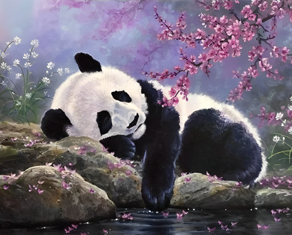 Panda Dormant sous un Pêcher Broderie Diamant