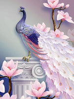Paon à la Queue Rose et les Fleurs Roses Broderie Diamant