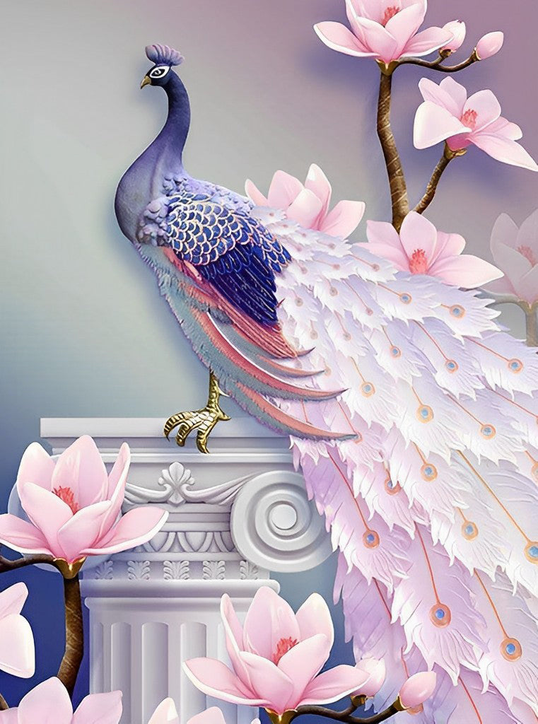 Paon à la Queue Rose et les Fleurs Roses Broderie Diamant