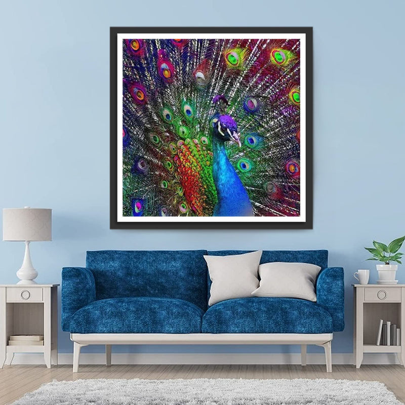 Paon Bleu à la Tête Violette Broderie Diamant