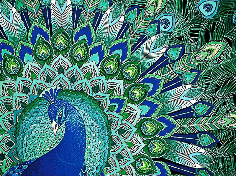 Paon Bleu Déployant ses Plumes Broderie Diamant