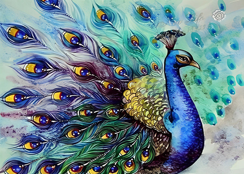 Paon Bleu Dessiné Broderie Diamant