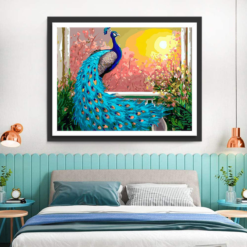 Paon Bleu et le Soleil Couchant Broderie Diamant