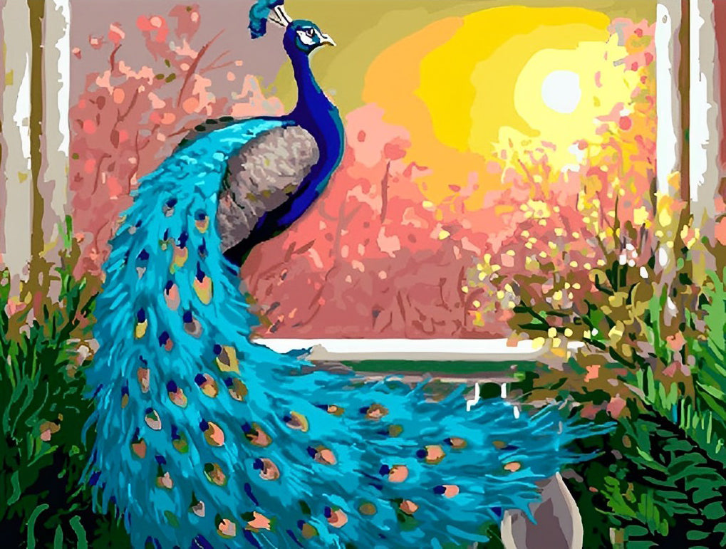 Paon Bleu et le Soleil Couchant Broderie Diamant
