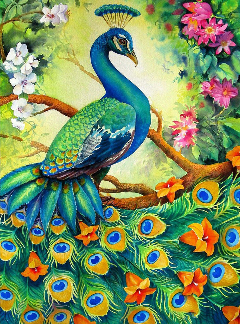 Paon Bleu et les Fleurs Broderie Diamant