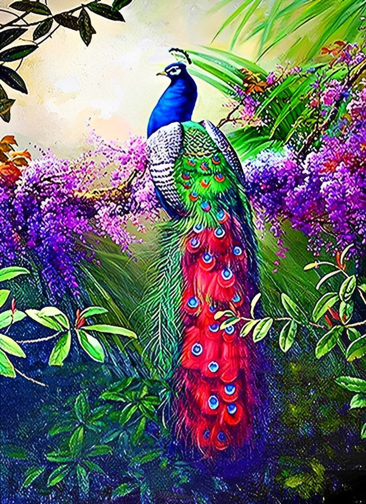 Paon Bleu et les Fleurs Violettes Broderie Diamant