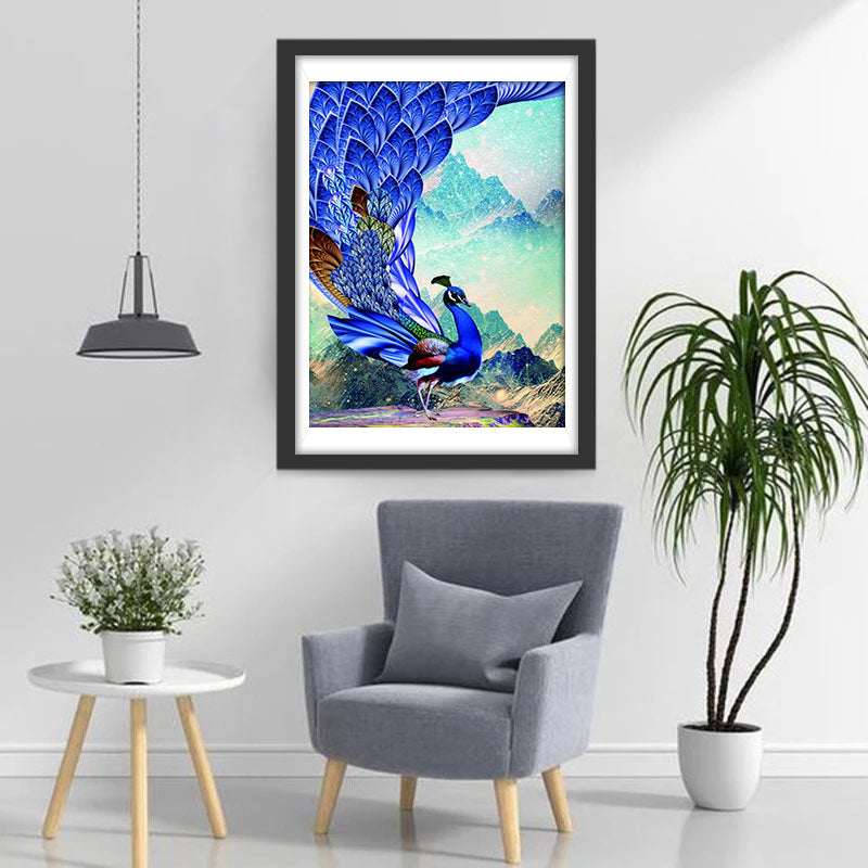 Paon Bleu et les Montagnes Broderie Diamant