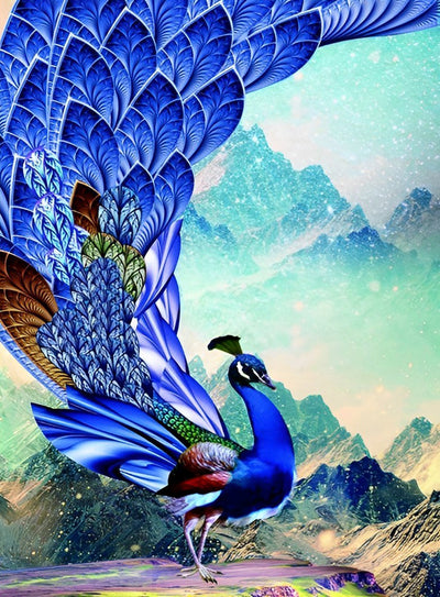 Paon Bleu et les Montagnes Broderie Diamant