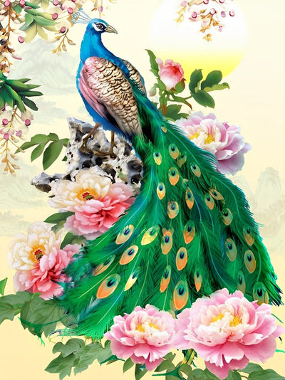 Paon Bleu et les Pivoines Roses Broderie Diamant