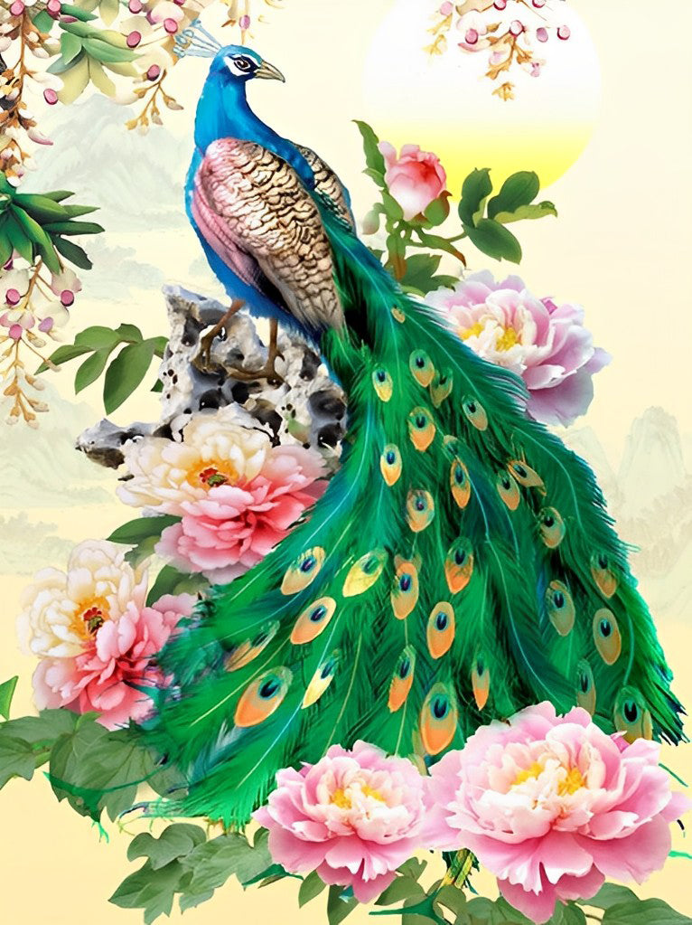Paon Bleu et les Pivoines Roses Broderie Diamant