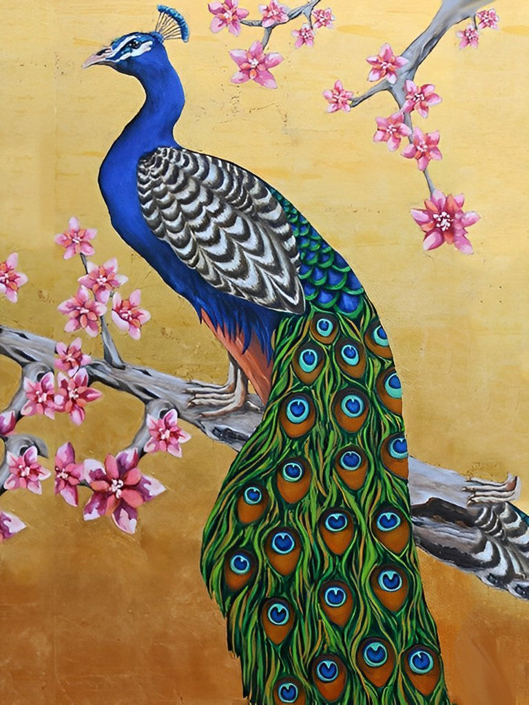 Paon Bleu sur la Branche et les Fleurs Broderie Diamant