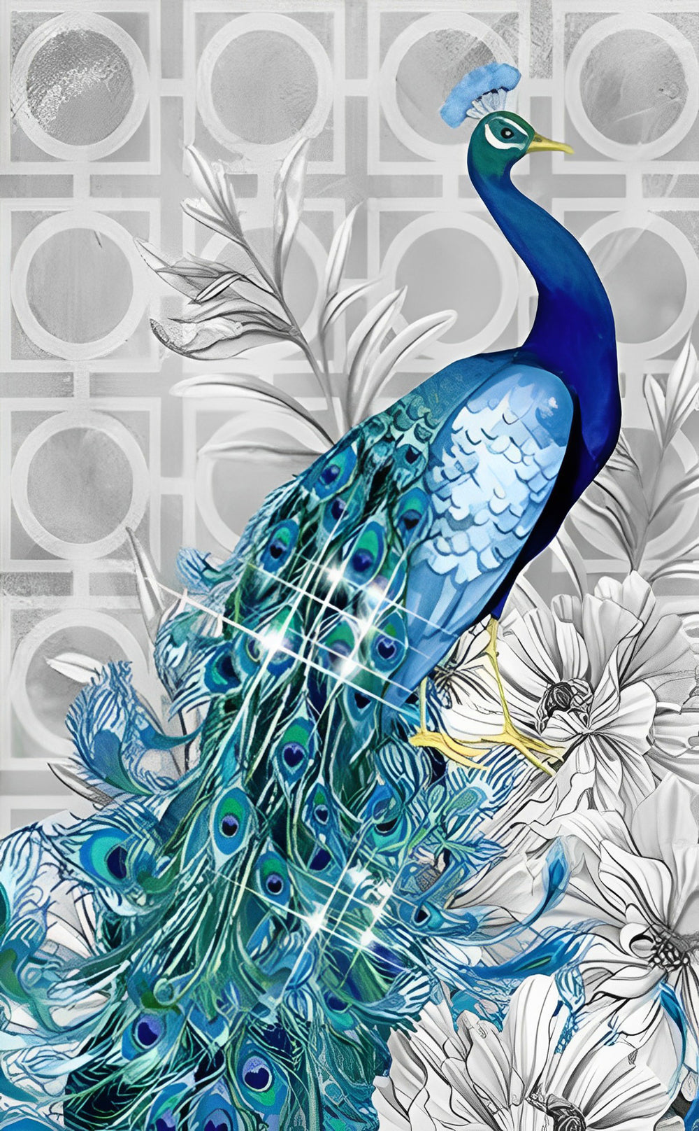 Paon Lumineux et les Fleurs Blanches Broderie Diamant