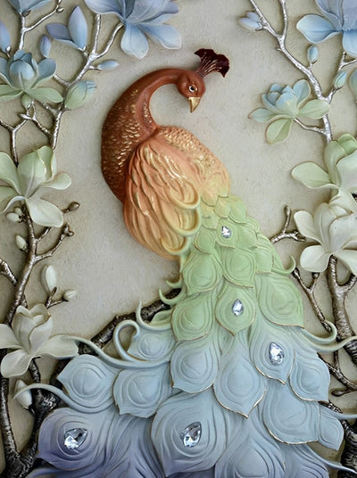 Paon Rouge et Vert et les Belles Fleurs Broderie Diamant