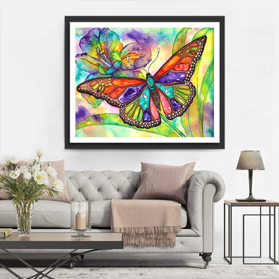 Papillon Coloré et Fleur Violette Broderie Diamant