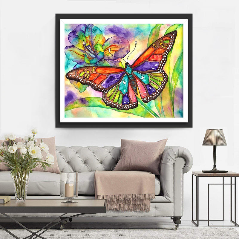 Papillon Coloré et Fleur Violette Broderie Diamant