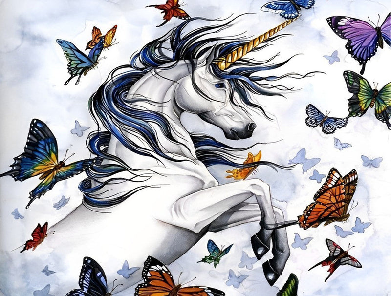 Papillon et Licorne Blanche Broderie Diamant