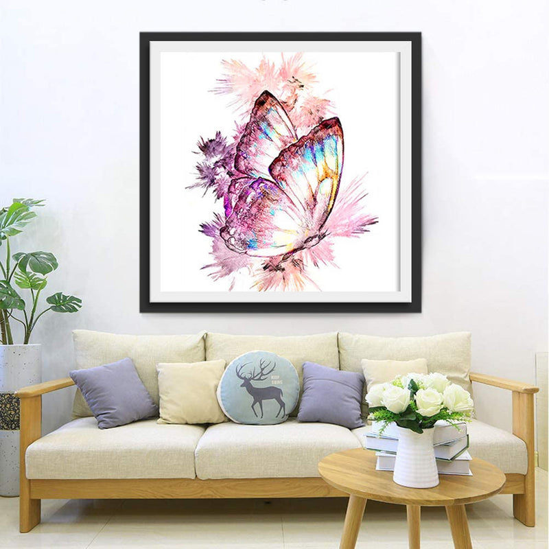 Papillon Rose avec des Taches Bleues Broderie Diamant