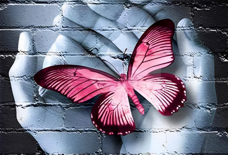 Papillon Rose et les Mains Broderie Diamant