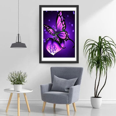 Papillon Violets et Coeur avec le Mot Love Broderie Diamant