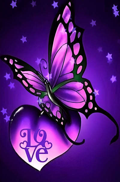 Papillon Violets et Coeur avec le Mot Love Broderie Diamant