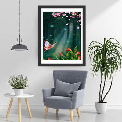 Papillon Volant et Fleurs Roses et Rouges Broderie Diamant
