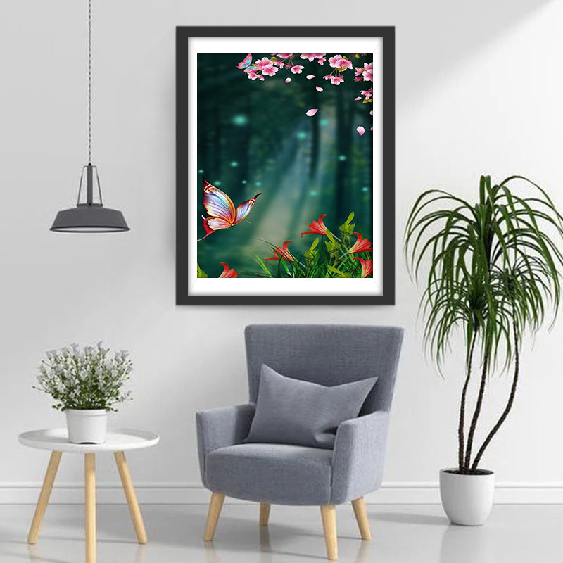 Papillon Volant et Fleurs Roses et Rouges Broderie Diamant