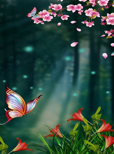 Papillon Volant et Fleurs Roses et Rouges Broderie Diamant