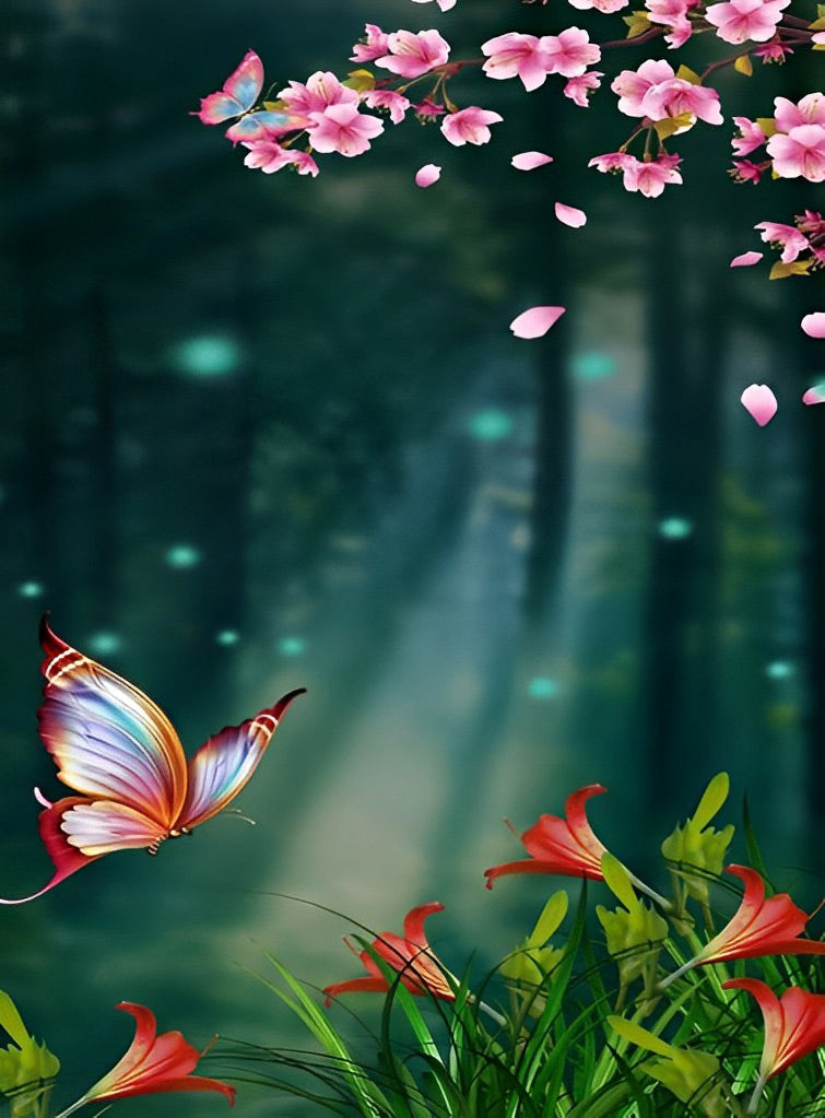 Papillon Volant et Fleurs Roses et Rouges Broderie Diamant